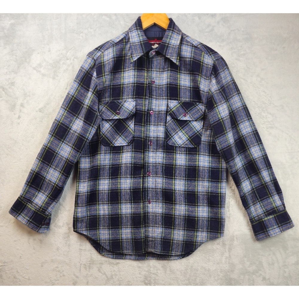 Vintage BENGAL LANCER Men's Small Button down Wool Blend Blue Buffalo Plaid 70s
